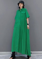 Italian Green Peter Pan Collar Patchwork Wrinkled Solid Color Cotton Shirt Dress Short Sleeve