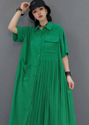 Italian Green Peter Pan Collar Patchwork Wrinkled Solid Color Cotton Shirt Dress Short Sleeve