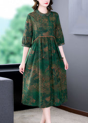 Italian Green Peter Pan Collar Print Wrinkled Patchwork Silk Dresses Summer