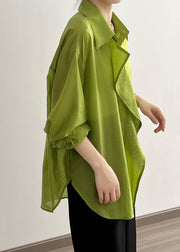 Italian Green texture Peter Pan Collar Ruffled Cotton Shirt Tops Early Spring