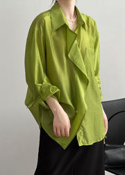 Italian Green texture Peter Pan Collar Ruffled Cotton Shirt Tops Early Spring