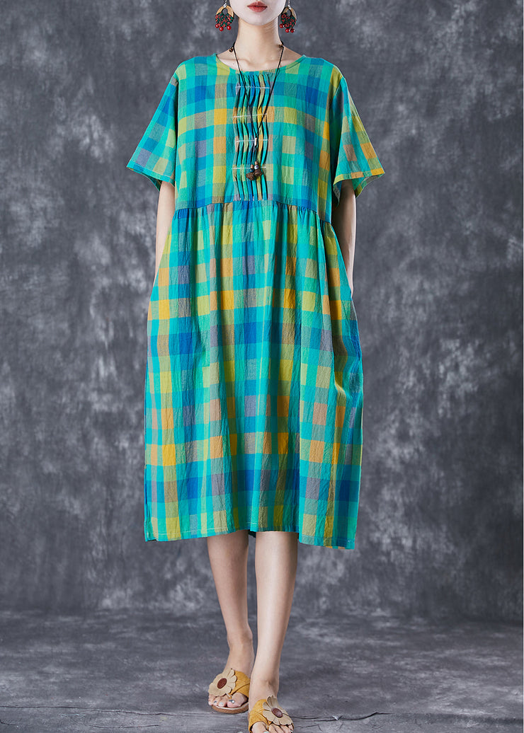 Italian Green Plaid Wrinkled Linen Vacation Dresses Summer