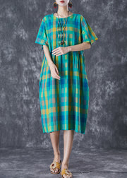 Italian Green Plaid Wrinkled Linen Vacation Dresses Summer