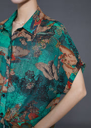 Italian Green Print Lace Up Chiffon Shirt Top Summer