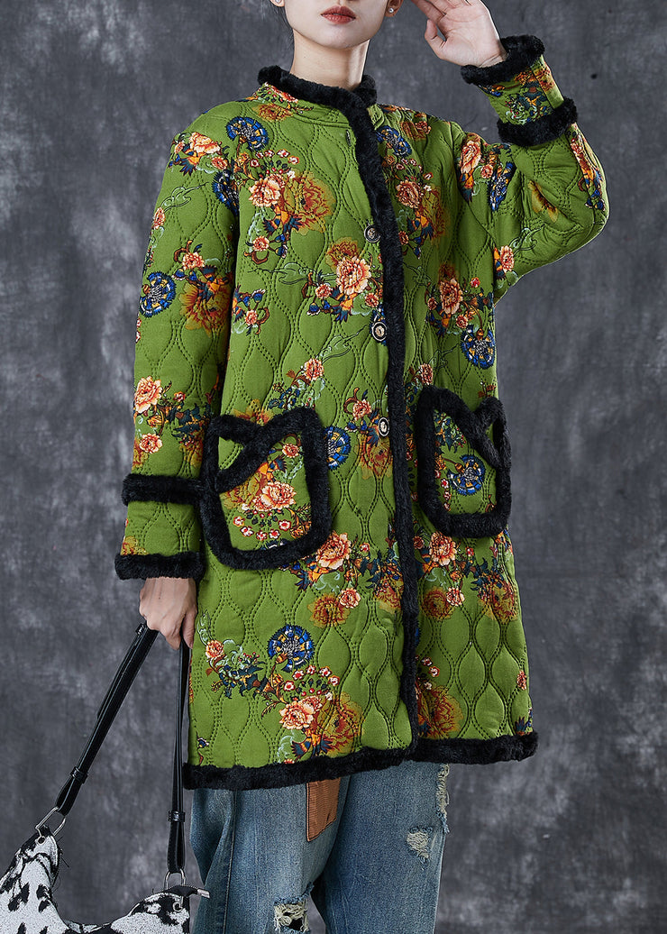 Italian Green Print Patchwork Warm Fleece Trench Winter