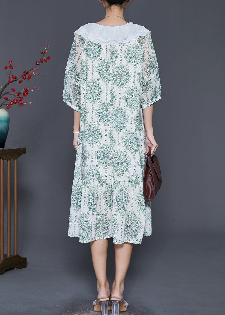 Italian Green Print Peter Pan Collar Chiffon Dress Spring