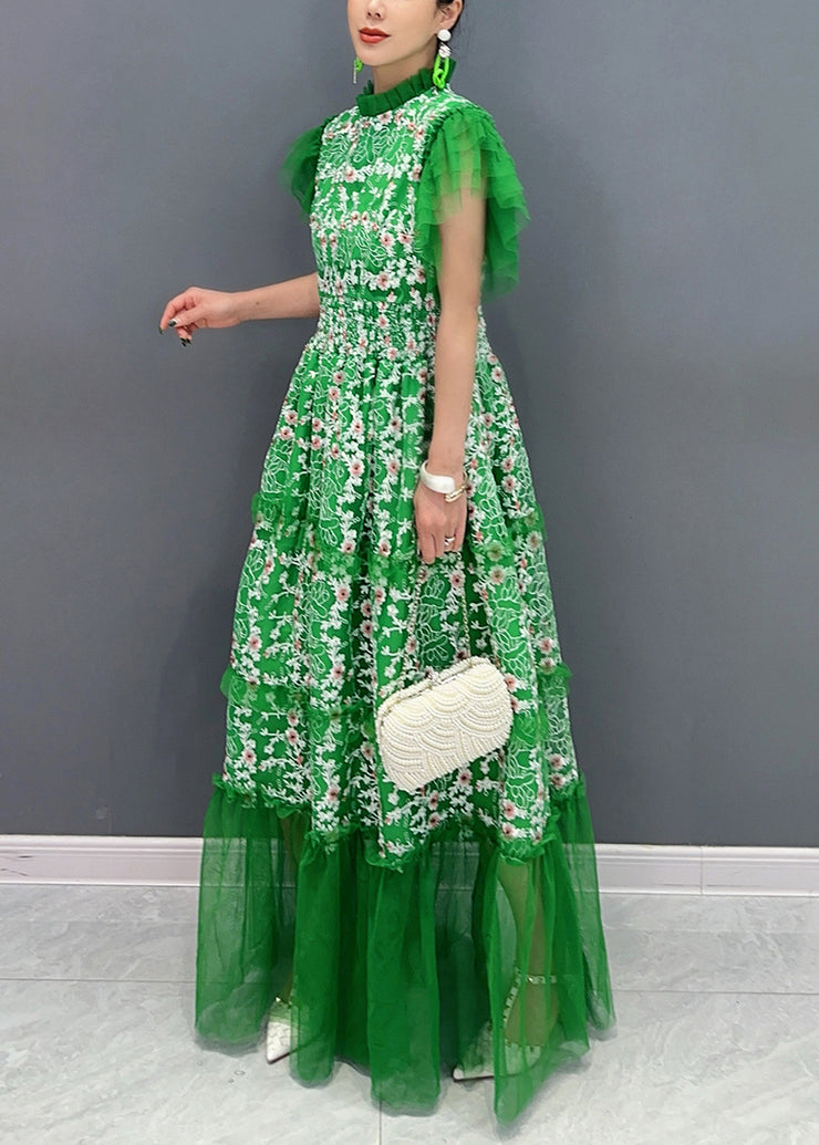 Italian Green Print Ruffled Patchwork Tulle Dresses Butterfly Sleeve