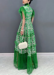 Italian Green Print Ruffled Patchwork Tulle Dresses Butterfly Sleeve