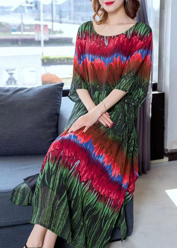 Italian Green Print Side Open Patchwork Chiffon Dresses Summer