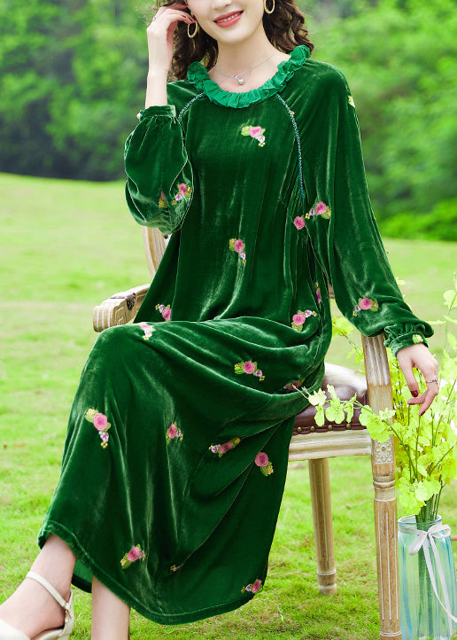 Italian Green Ruffled Embroideried Patchwork Silk Velour Dresses Fall