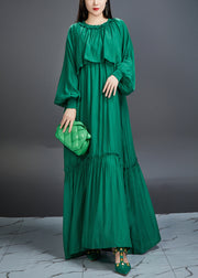 Italian Green Ruffled Pockets Tie Waist Cotton Maxi Dress Fall