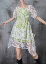 Italian Green Square Collar Print Tulle Mini Dress Summer