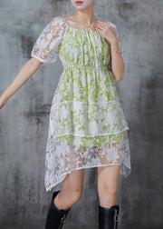 Italian Green Square Collar Print Tulle Mini Dress Summer