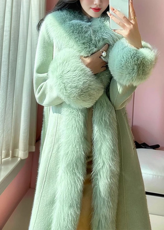 Italian Green Tie Waist Woolen Long Coats Spring