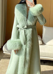 Italian Green Tie Waist Woolen Long Coats Spring