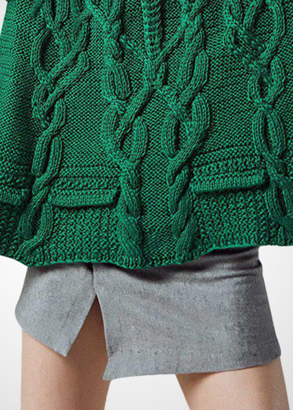 Italian Green Turtle Neck Chunky Oversized Wool Cable Knit Short Sweater Winter