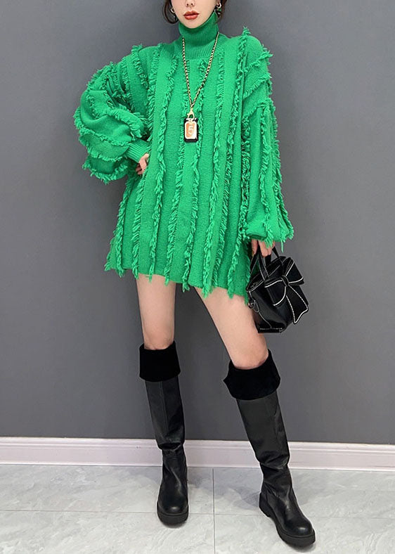 Italian Green Turtle Neck Oversized Tassel Knit Top Lantern Sleeve