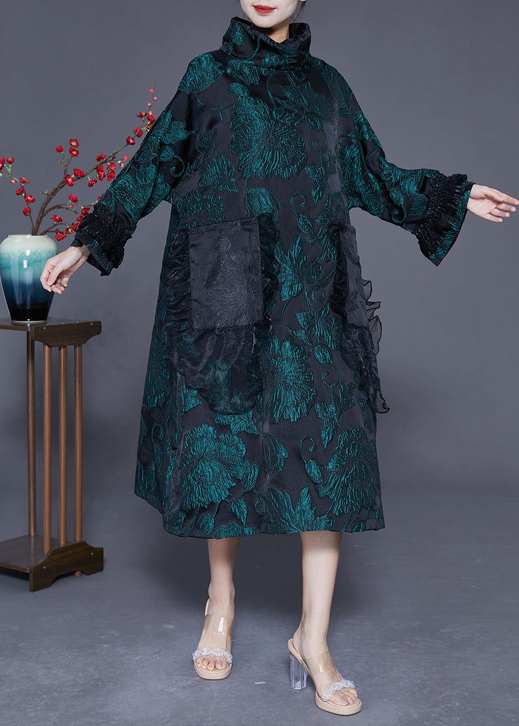 Italian Green Turtle Neck Patchwork Jacquard Silk Maxi Dresses Spring