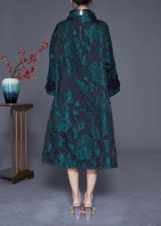 Italian Green Turtle Neck Patchwork Jacquard Silk Maxi Dresses Spring