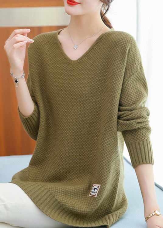 Italian Green V Neck Button Patchwork Woolen Sweaters Winter