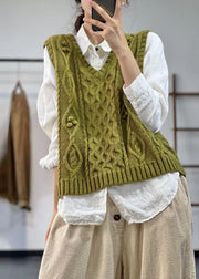 Italian Green V Neck Chunky Oversized Cable Knit Vest Winter