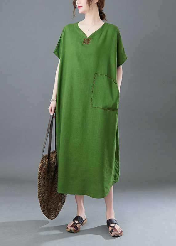 Italian Green V Neck Embroideried Patchwork Linen Long Dresses Summer