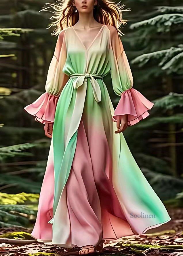 Italian Green V Neck Patchwork Silk Long Dresses Lantern Sleeve