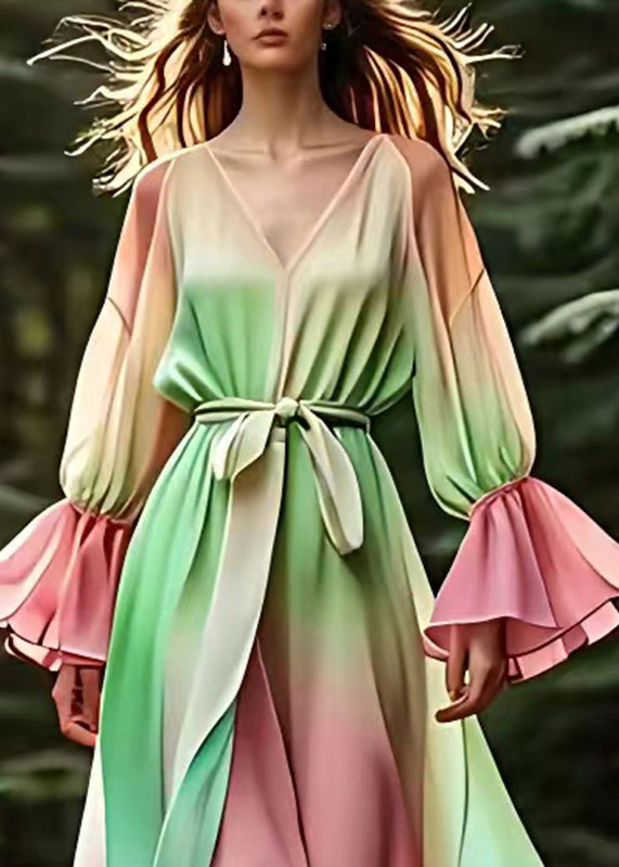 Italian Green V Neck Patchwork Silk Long Dresses Lantern Sleeve