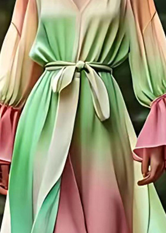 Italian Green V Neck Patchwork Silk Long Dresses Lantern Sleeve