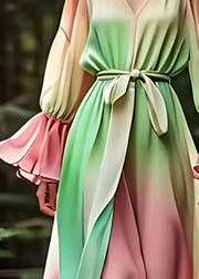 Italian Green V Neck Patchwork Silk Long Dresses Lantern Sleeve