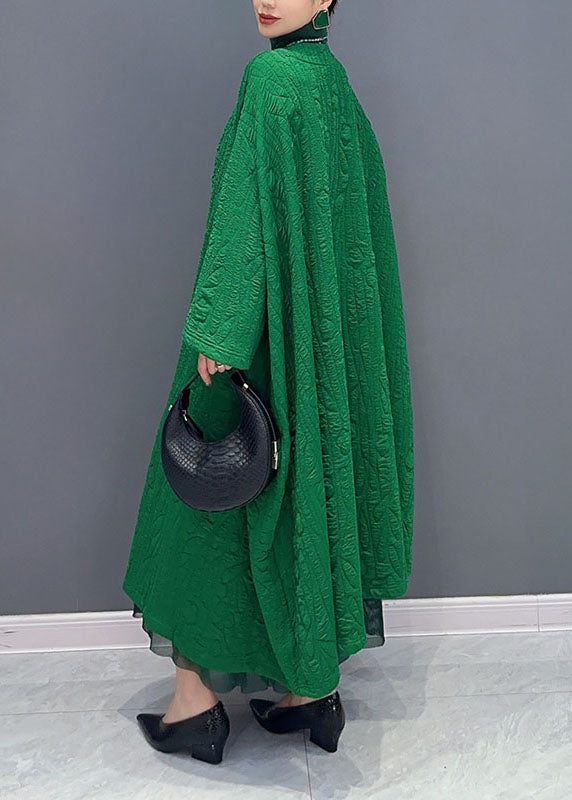 Italian Green V Neck Pockets Maxi Coats Long Sleeve