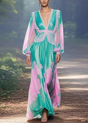 Italian Green V Neck Print Chiffon Long Dress Spring