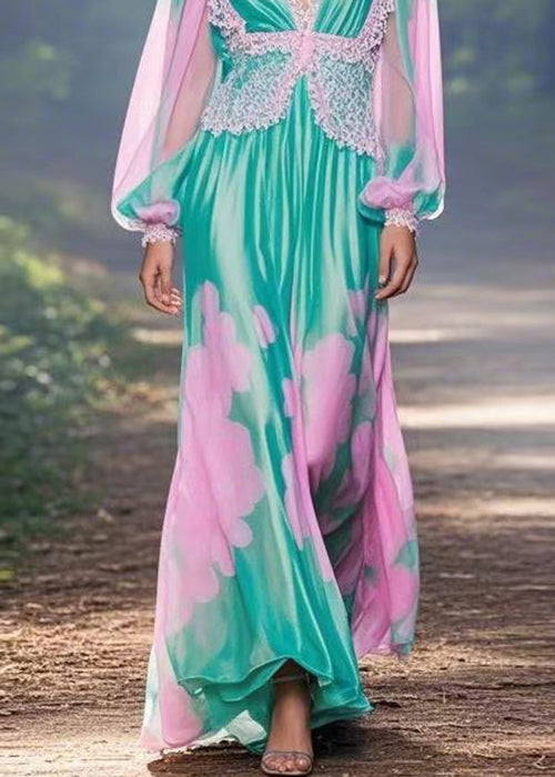 Italian Green V Neck Print Chiffon Long Dress Spring