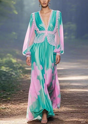 Italian Green V Neck Print Chiffon Long Dress Spring