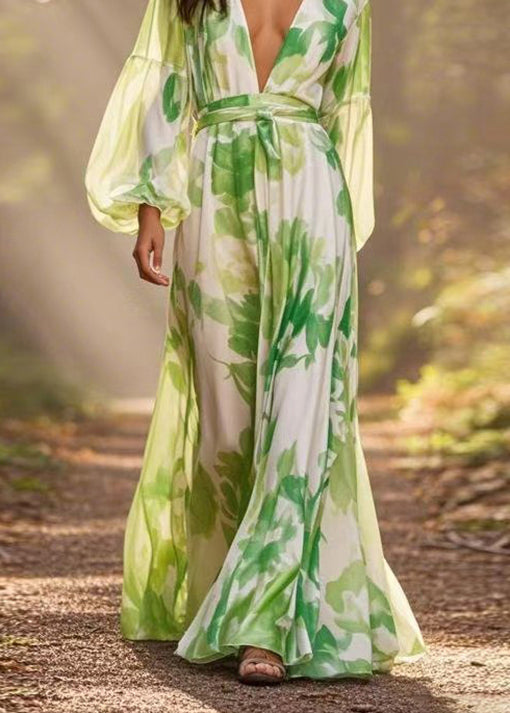 Italian Green V Neck Print Chiffon Long Dresses Lantern Sleeve