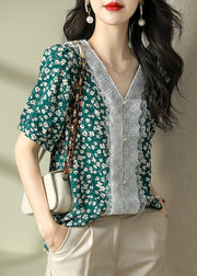 Italian Green V Neck Print Lace Patchwork Nail Bead Chiffon Shirts Summer