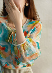 Italian Green V Neck Print Neck Tie Chiffon Shirt Spring