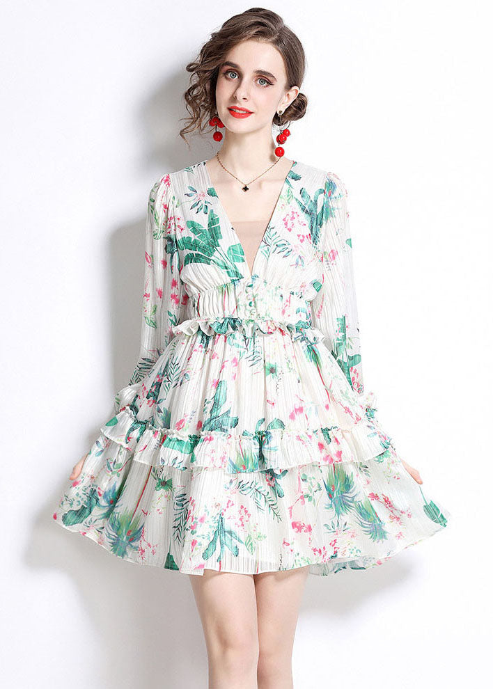 Italian Green V Neck Ruffled Print Patchwork Chiffon Mid Dress Fall