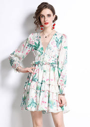 Italian Green V Neck Ruffled Print Patchwork Chiffon Mid Dress Fall