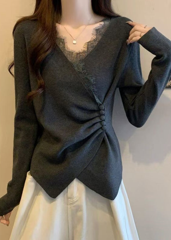 Italian Grey Asymmetrical Lace Patchwork Knit Sweaters Spring