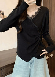 Italian Grey Asymmetrical Lace Patchwork Knit Sweaters Spring