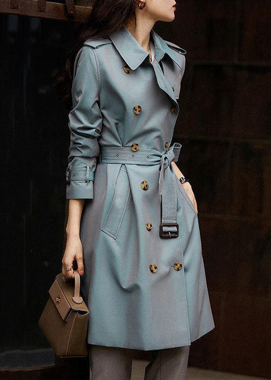 Italian Grey Blue Button Tie Waist Pockets Cotton Trench Coat Fall