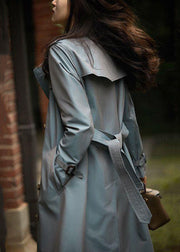 Italian Grey Blue Button Tie Waist Pockets Cotton Trench Coat Fall