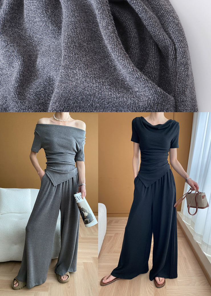 Italian Grey Cold Shoulder Asymmetrical Knit Two Pieces Set Summer