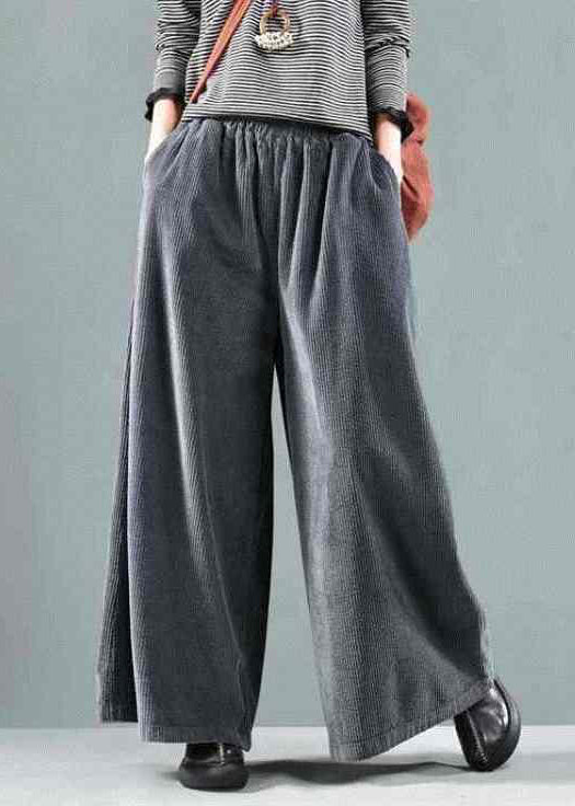 Italian Grey Elastic Waist Corduroy Wide Leg Pants Spring