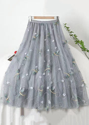 Italian Grey Embroidered High Waist Tulle Skirts Spring