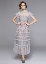 Italian Grey Embroideried Ruffled Patchwork Tulle Long Dresses Summer