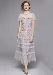 Italian Grey Embroideried Ruffled Patchwork Tulle Long Dresses Summer