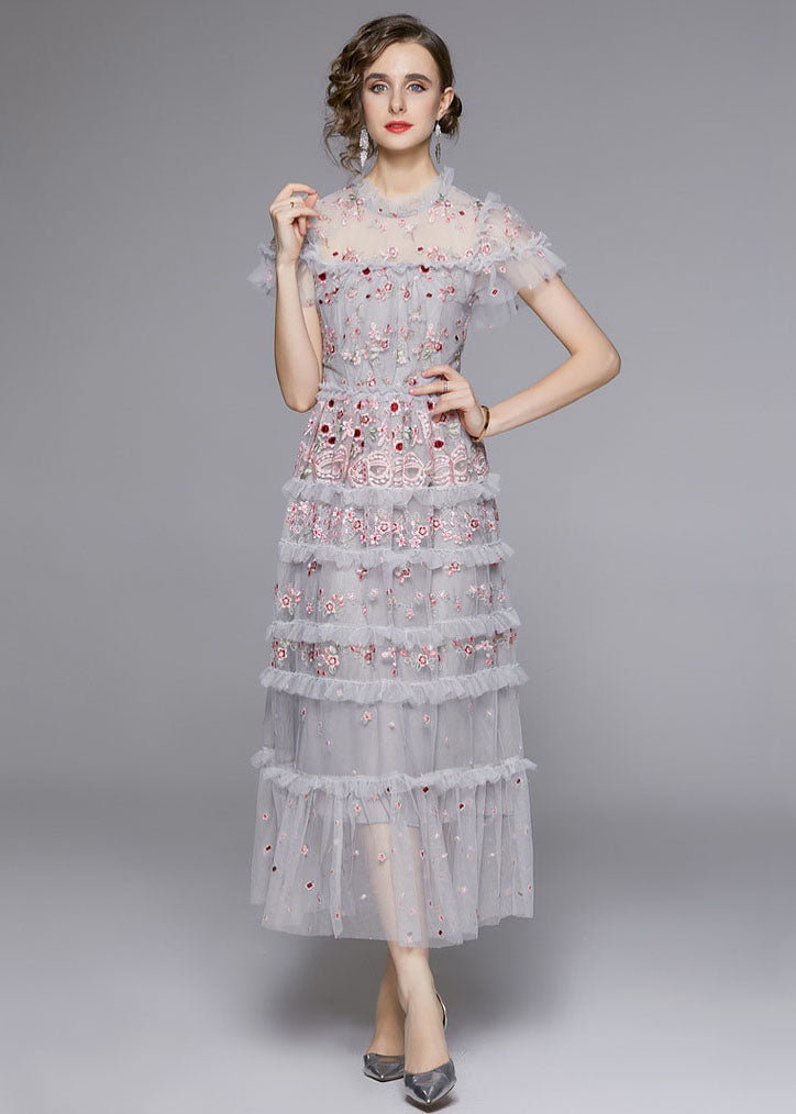 Italian Grey Embroideried Ruffled Patchwork Tulle Long Dresses Summer