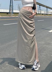 Italian Grey High Waist Wrinkled Side Open Cotton Skirt Summer